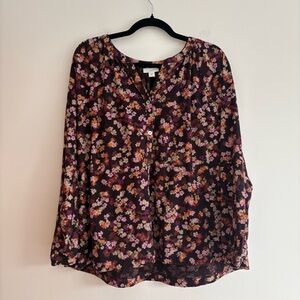 J Jill Dark Floral Button Front Long Sleeve Blouse Purple Minimalist Spring 2X